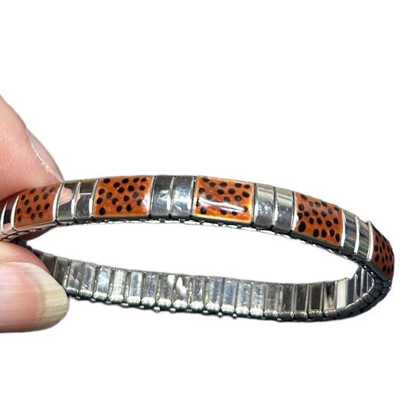 NWOT Unbranded Stainless Steel Expanding Bracelet Enamel Brown Links Black Dots - Picture 1 of 4